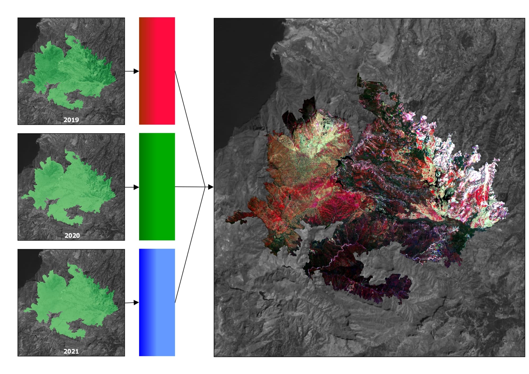 Figura 6. Composición NDVI multi-temporal de agosto de 2019, 2020 y 2021